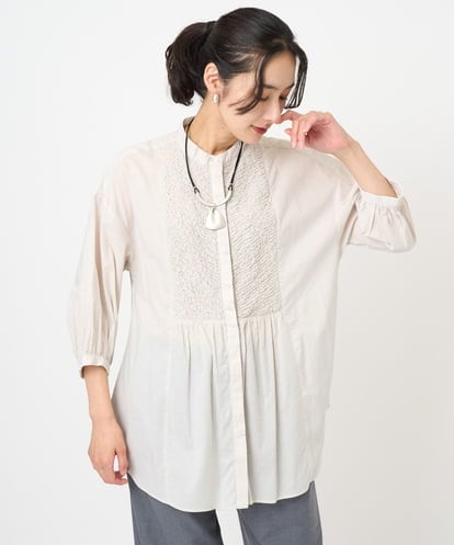PZBJB26250 GEORGES RECH バンドカラーシャーリングコットン7分袖ブラウス