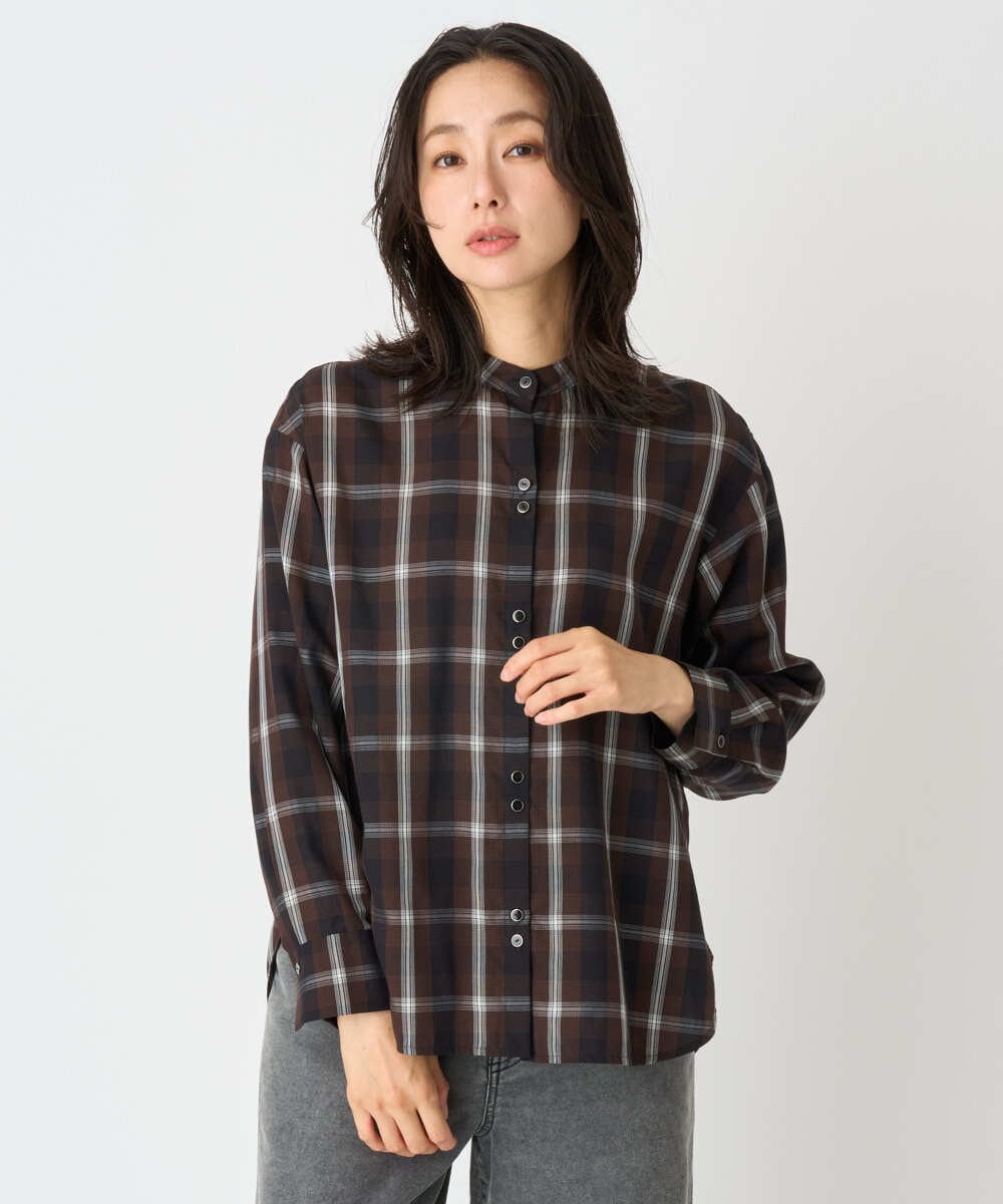 PZBJE21290 GEORGES RECH(ジョルジュ・レッシュ)  [セットアップ対応]スタンドカラーチェックブラウス ブラウン
