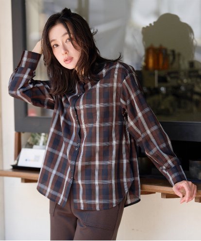 PZBJE21290 GEORGES RECH [セットアップ対応]スタンドカラーチェックブラウス