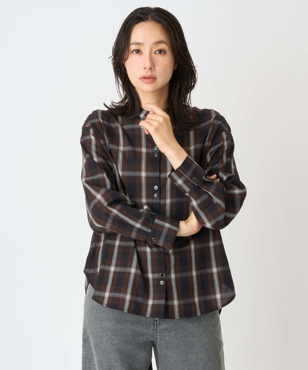 PZBJE21290 GEORGES RECH(ジョルジュ・レッシュ)  [セットアップ対応]スタンドカラーチェックブラウス ブラウン
