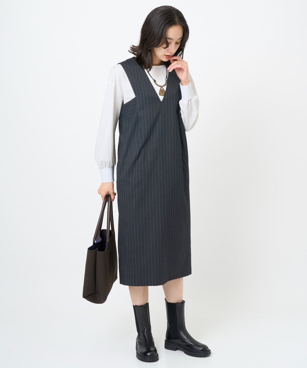 PZEAE58390 GEORGES RECH(ジョルジュ・レッシュ) ストライプVネックジャンパースカート ダークグレー