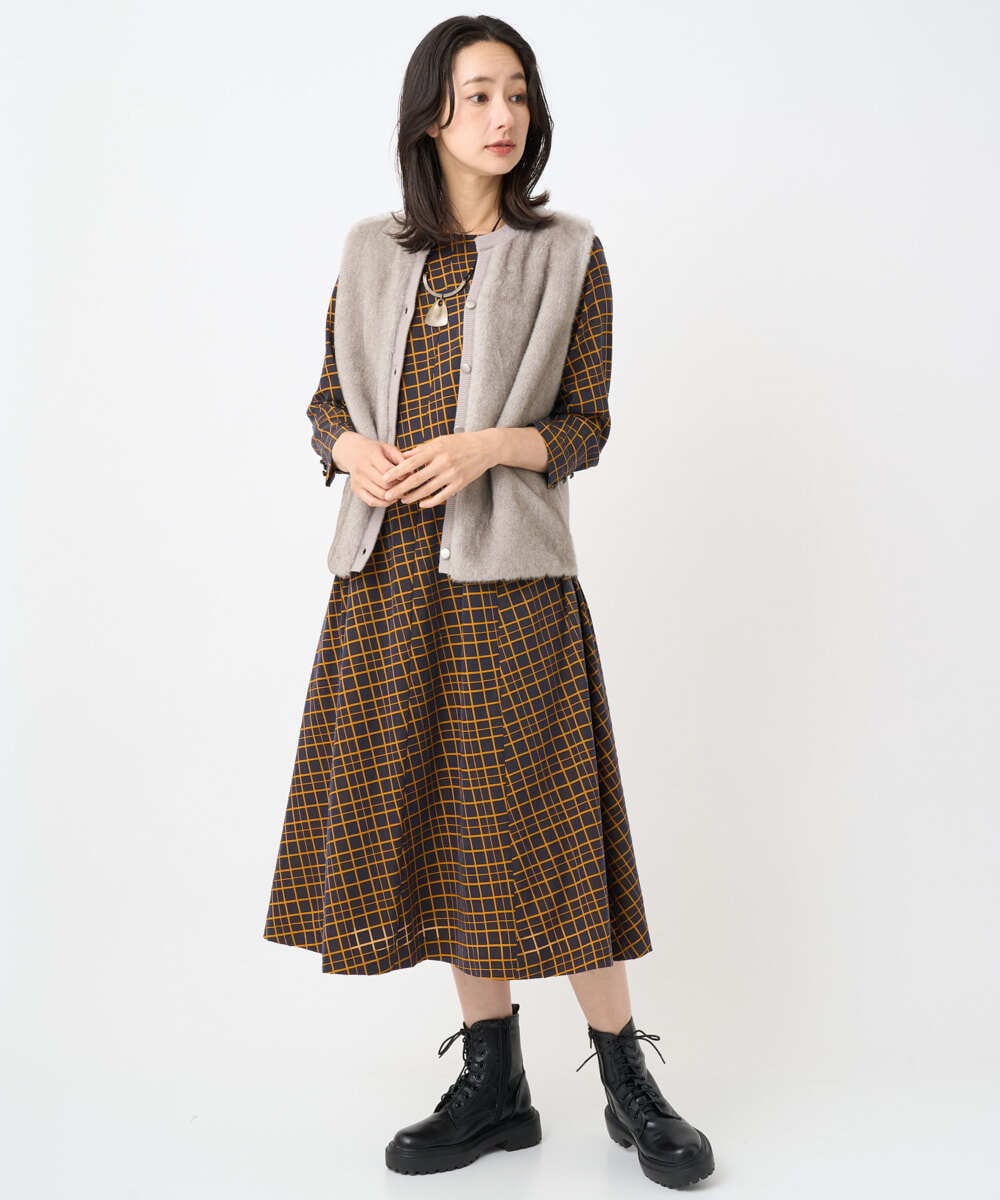 PZEJB41490 GEORGES RECH(ジョルジュ・レッシュ) Aラインオパールチェックワンピース オレンジ