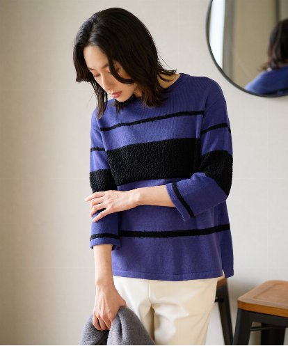 PZFAD08250  スラブボーダー8分袖ニット