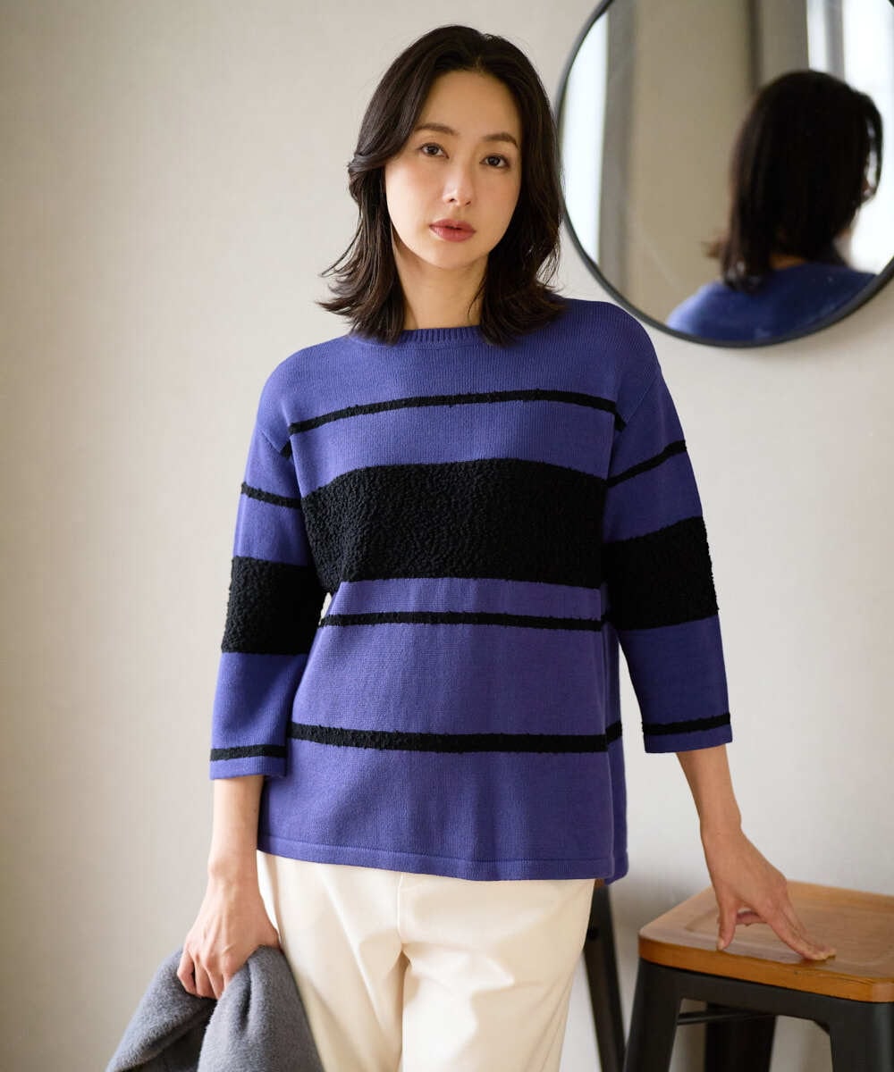 PZFAD08250 GEORGES RECH(ジョルジュ・レッシュ) スラブボーダー8分袖ニット ブルー系