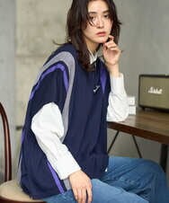 PZFAG13230 GEORGES RECH(ジョルジュ・レッシュ) カラーブロックニットポンチョ ネイビー