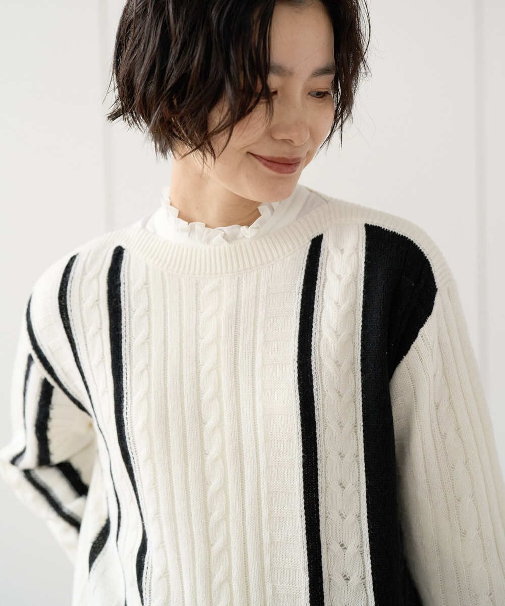 PZFCD59290 GEORGES RECH(ジョルジュ・レッシュ) バイカラーボートネックケーブルニット ブラック