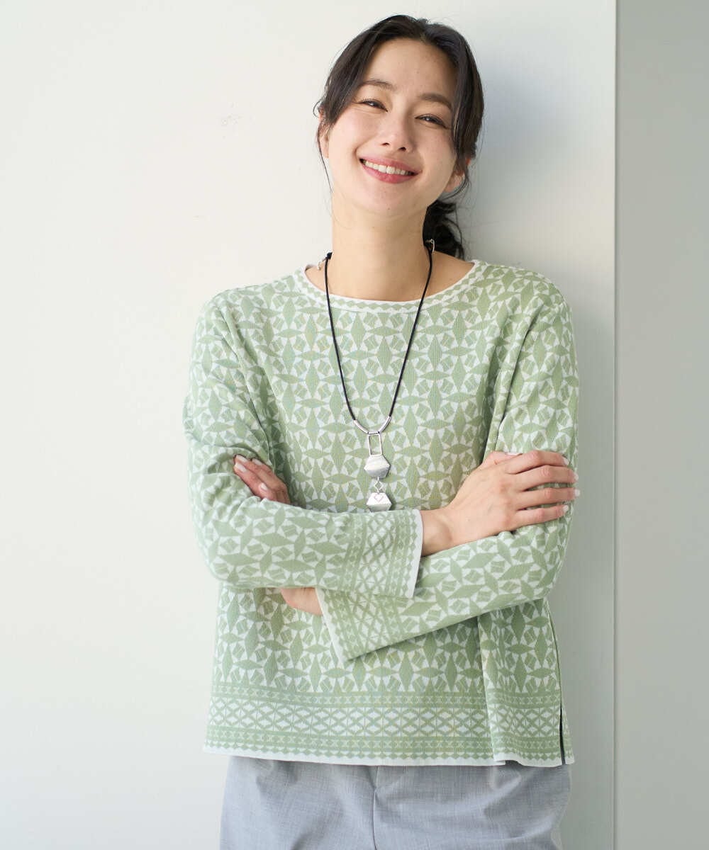 PZFEE26270 GEORGES RECH(ジョルジュ・レッシュ)  [日本製]レース柄ジャカードニットプルオーバー ネイビー