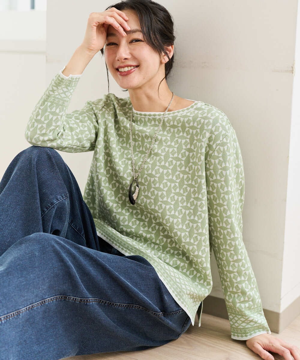 PZFEE26270 GEORGES RECH(ジョルジュ・レッシュ)  [日本製]レース柄ジャカードニットプルオーバー ネイビー