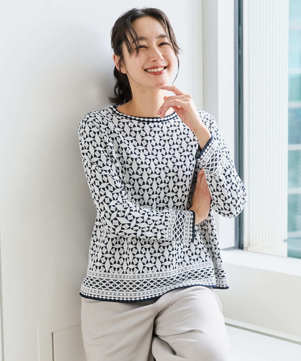 PZFEE26270 GEORGES RECH(ジョルジュ・レッシュ)  [日本製]レース柄ジャカードニットプルオーバー ネイビー