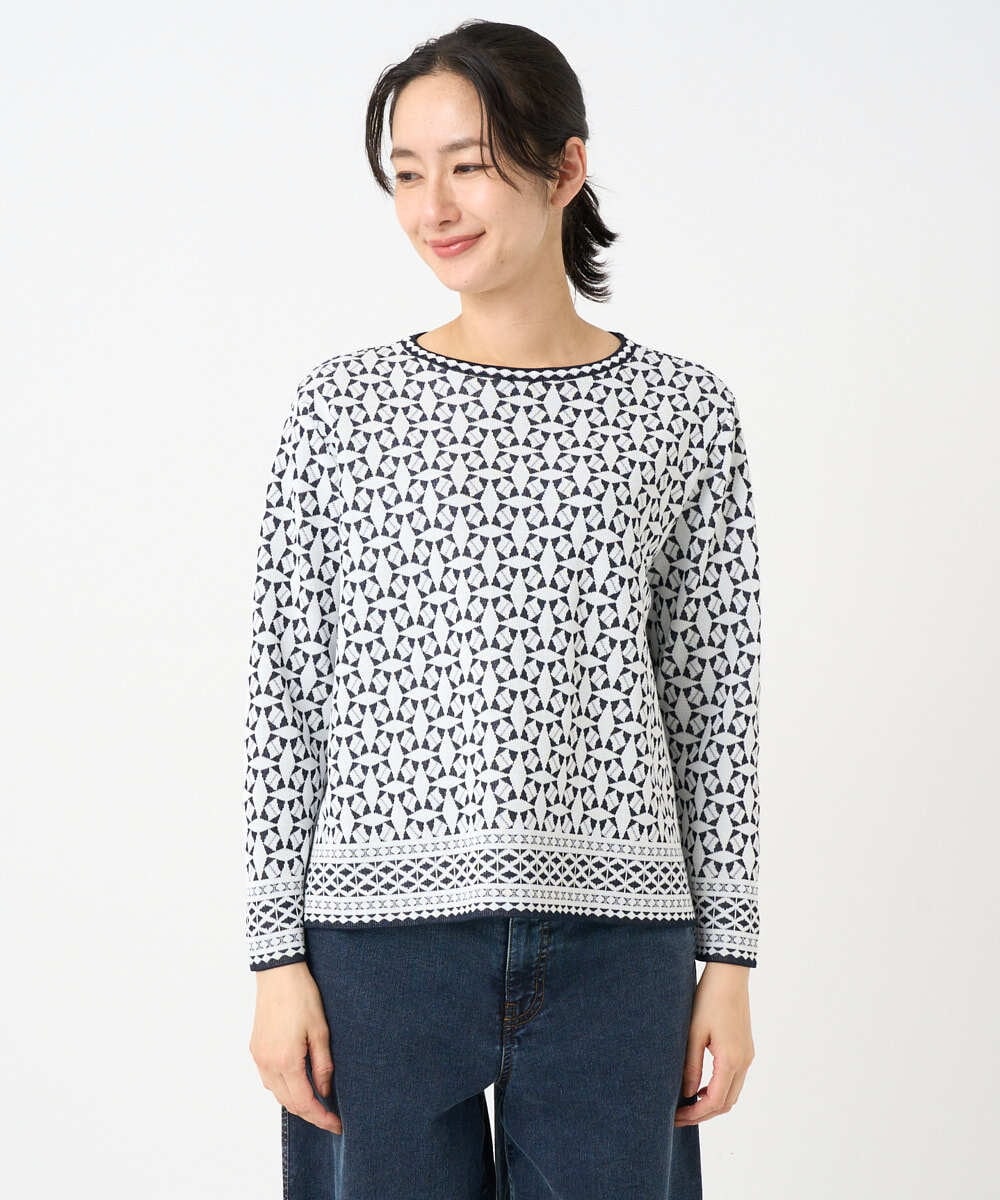 PZFEE26270 GEORGES RECH(ジョルジュ・レッシュ)  [日本製]レース柄ジャカードニットプルオーバー ネイビー