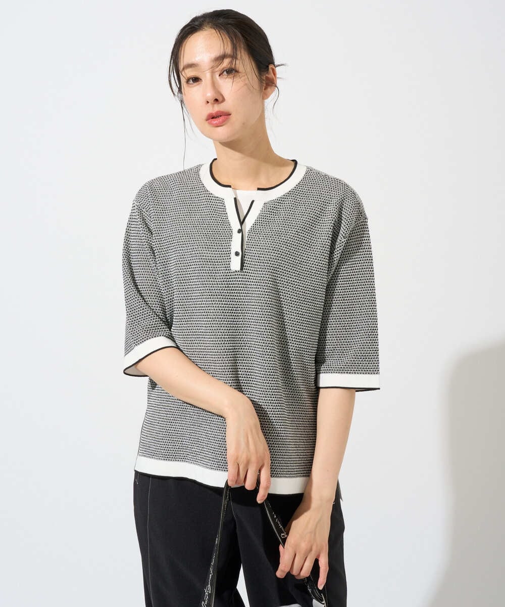 PZFGD19230 GEORGES RECH(ジョルジュ・レッシュ) スクエアジャカードキーネックニット ブラック