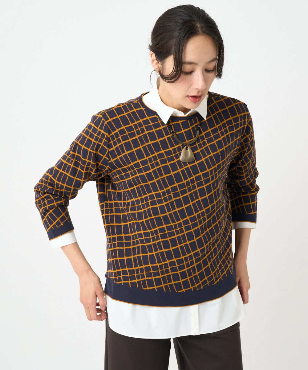 PZFJB42270 GEORGES RECH(ジョルジュ・レッシュ)  [日本製]配色デザイン8分袖ジャージーニット アイボリー