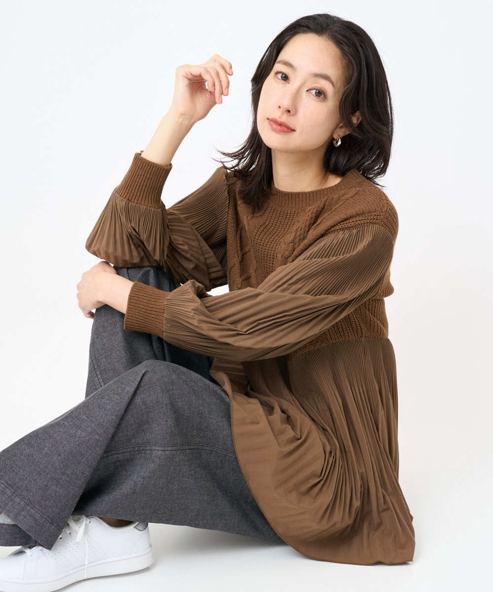 PZFJB48290 GEORGES RECH(ジョルジュ・レッシュ) プリーツ切替ケーブルチュニックニット ブラウン