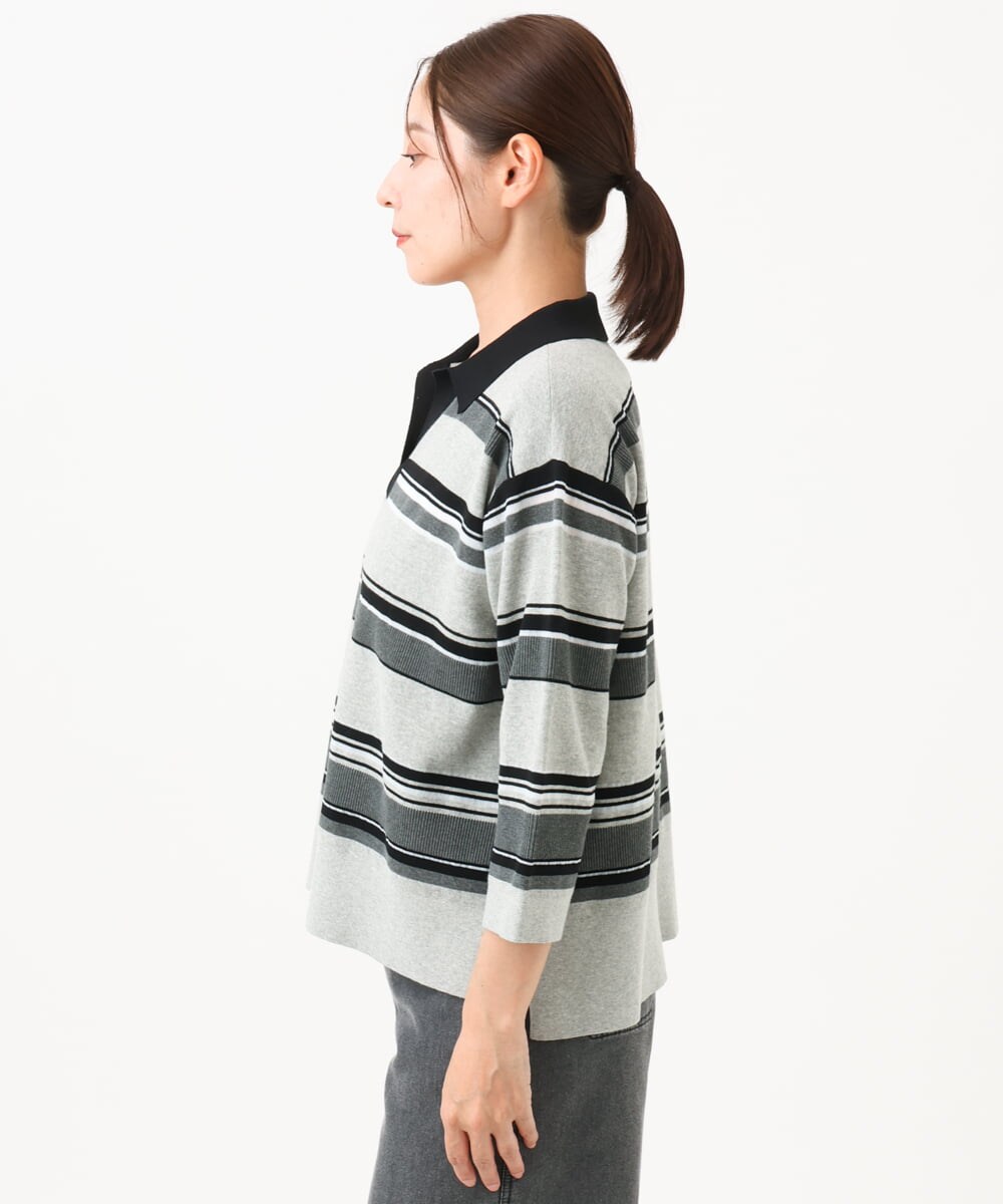PZFJE17290 GEORGES RECH(ジョルジュ・レッシュ) スキッパーカラーマルチボーダーミラノリブニット ライトグレー系