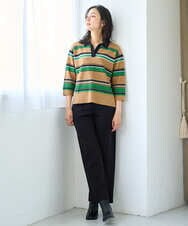 PZFJE17290 GEORGES RECH(ジョルジュ・レッシュ) スキッパーカラーマルチボーダーミラノリブニット ライトグレー系