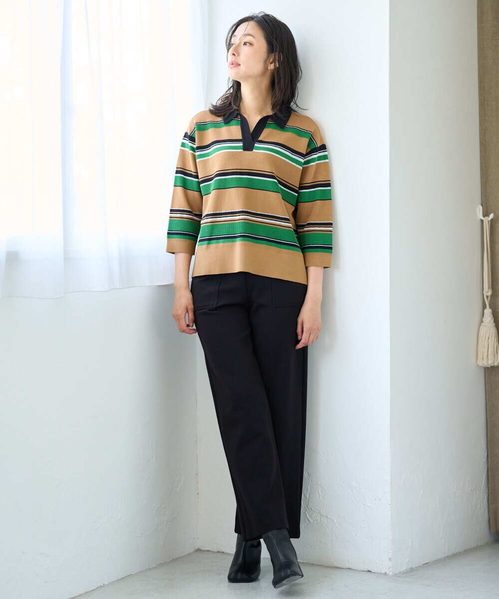 PZFJE17290 GEORGES RECH(ジョルジュ・レッシュ) スキッパーカラーマルチボーダーミラノリブニット ライトグレー系