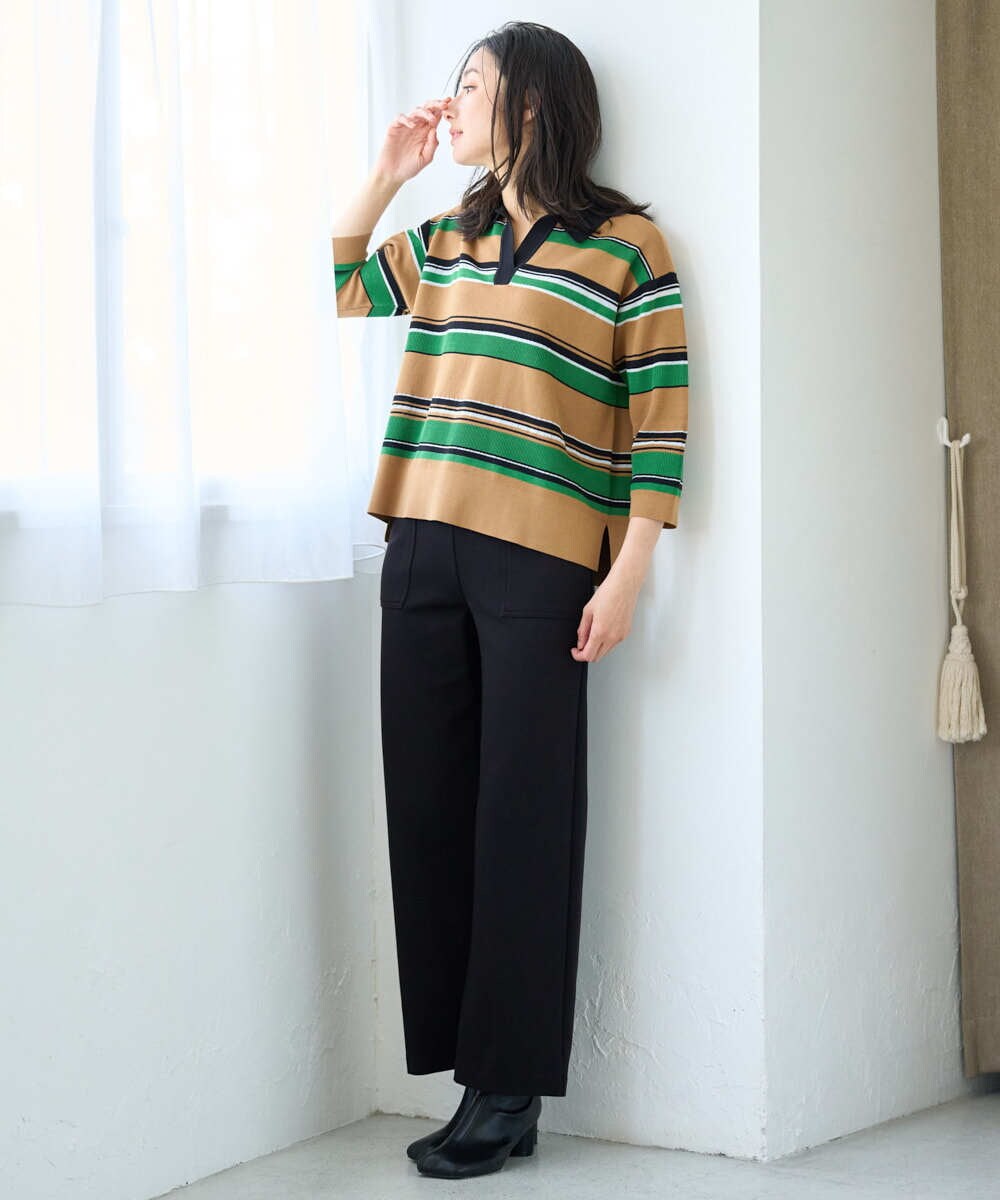 PZFJE17290 GEORGES RECH(ジョルジュ・レッシュ) スキッパーカラーマルチボーダーミラノリブニット ライトグレー系