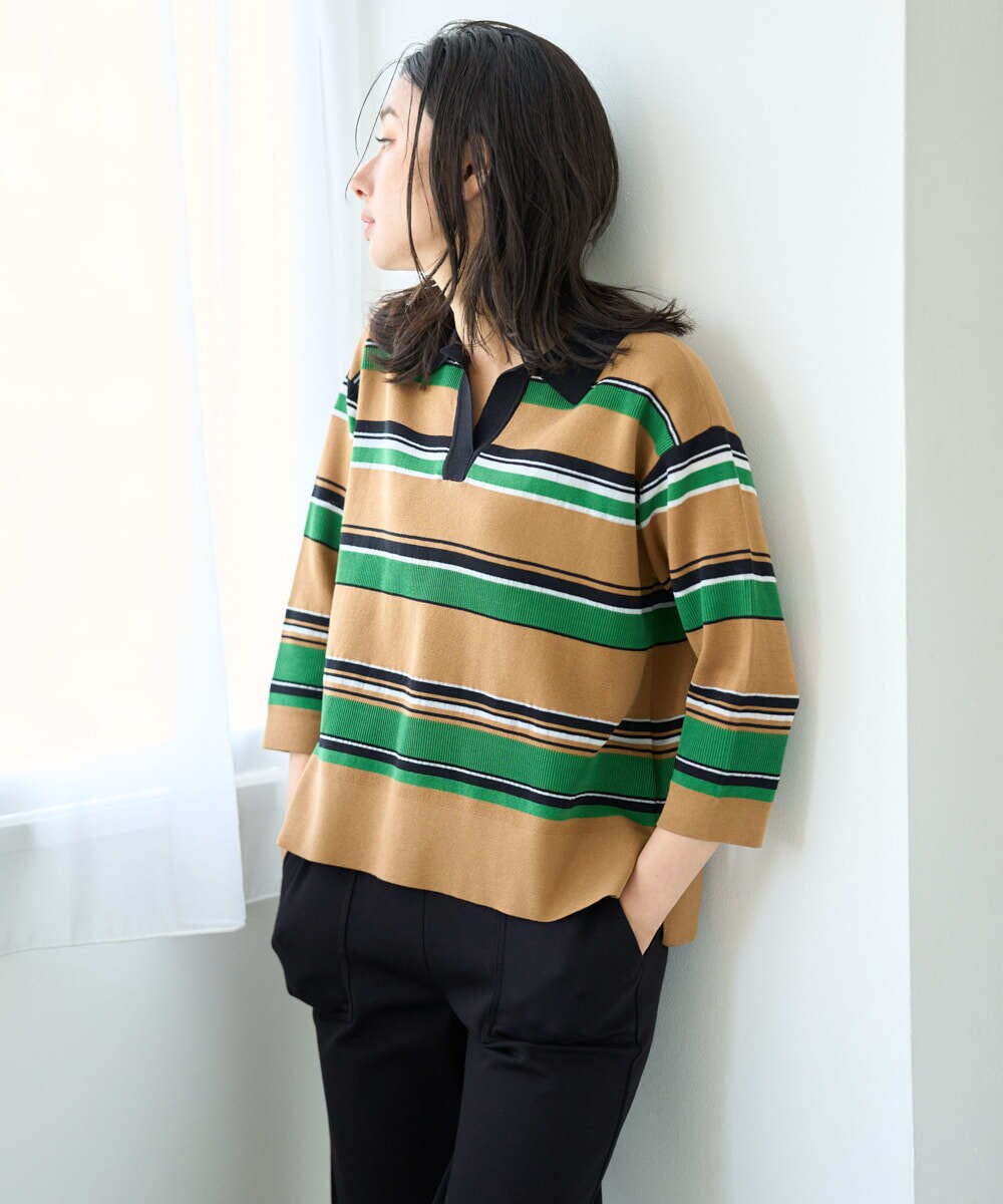 PZFJE17290 GEORGES RECH(ジョルジュ・レッシュ) スキッパーカラーマルチボーダーミラノリブニット ライトグレー系