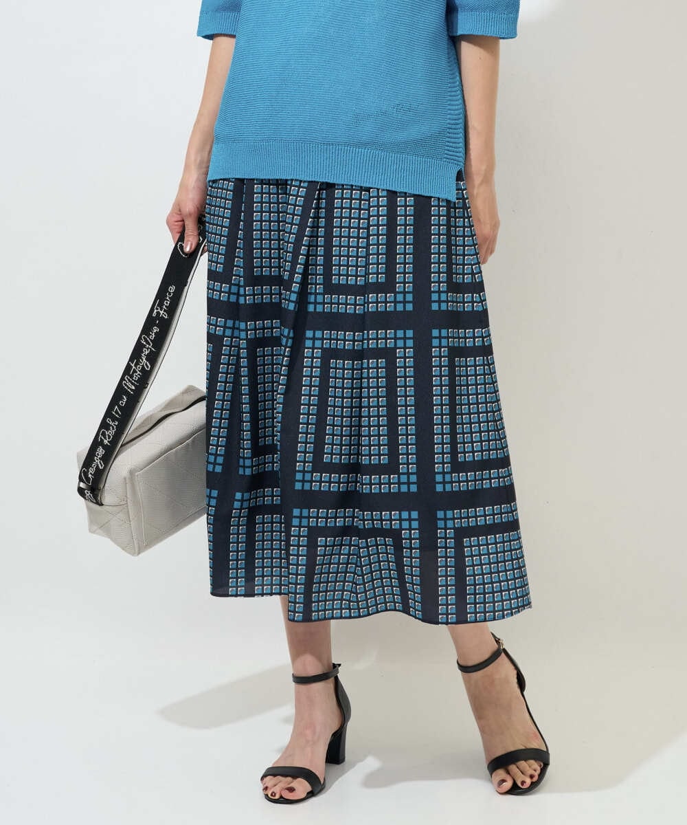 PZHGD14360 GEORGES RECH(ジョルジュ・レッシュ)  [日本製/セットアップ対応]ジオメトリックスカーフ柄スカート ネイビー系