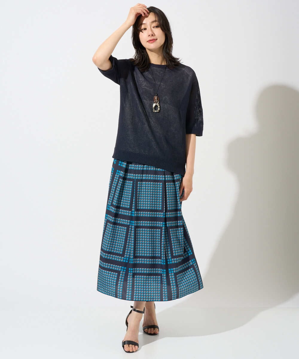PZHGD14360 GEORGES RECH(ジョルジュ・レッシュ)  [日本製/セットアップ対応]ジオメトリックスカーフ柄スカート ネイビー系