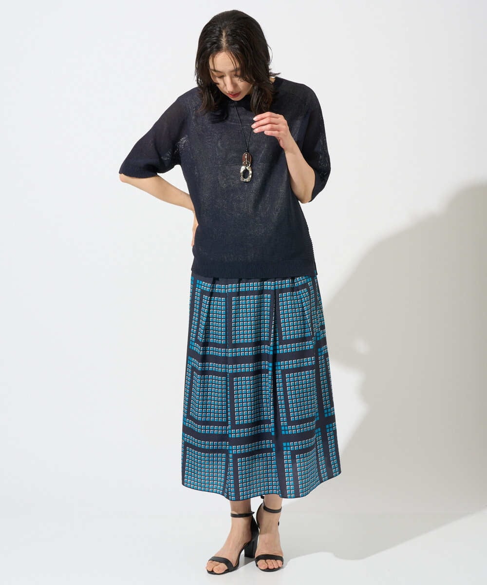 PZHGD14360 GEORGES RECH(ジョルジュ・レッシュ)  [日本製/セットアップ対応]ジオメトリックスカーフ柄スカート ネイビー系