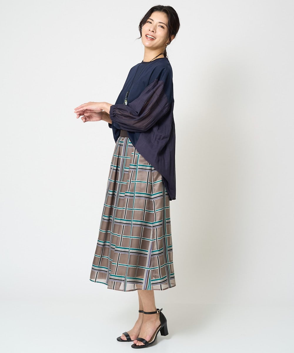 PZHHW01390 GEORGES RECH(ジョルジュ・レッシュ) [セットアップ対応]グラフィカルチェックシースルーフレアスカート ブラウン系