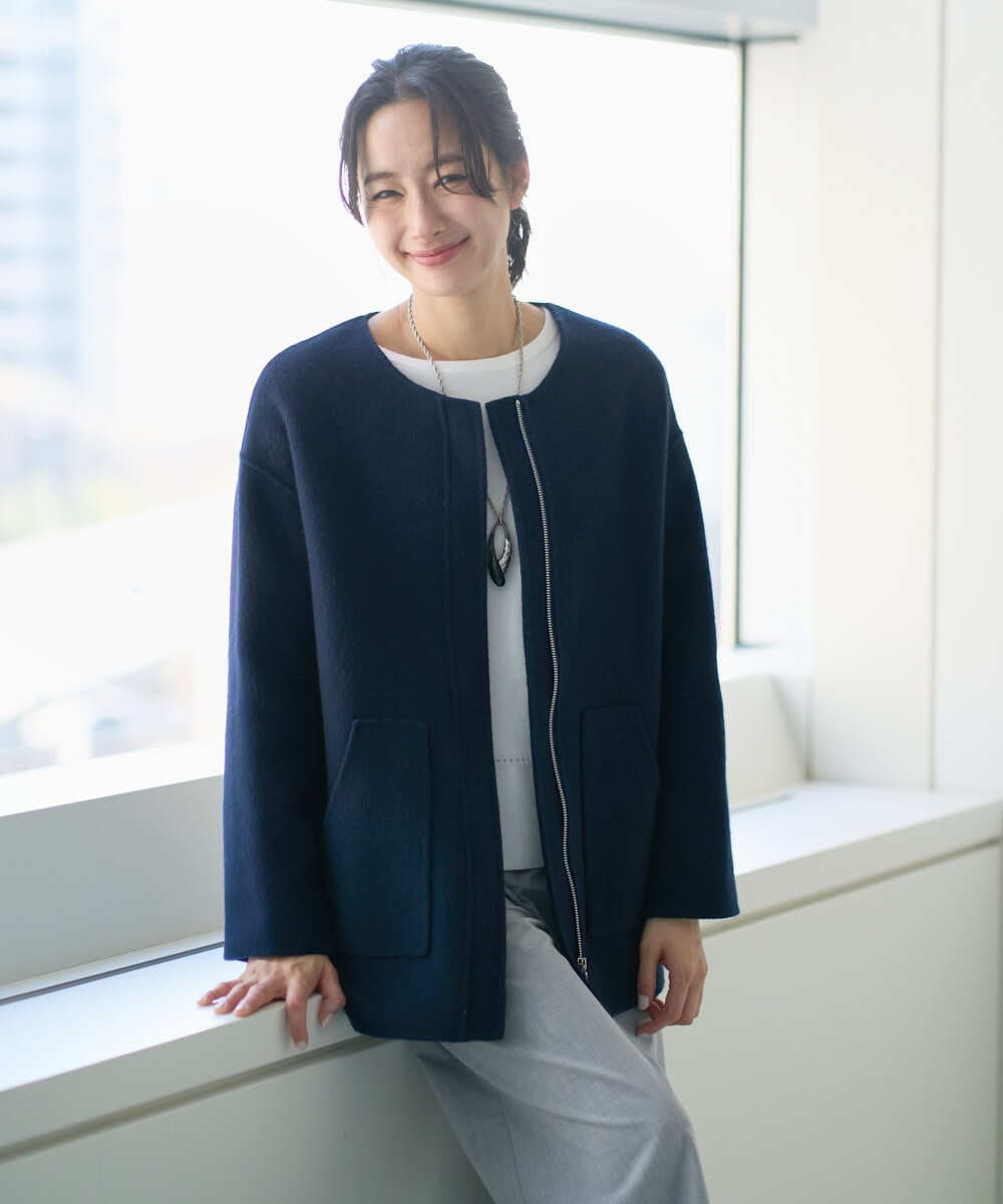 PZJAB51560 GEORGES RECH(ジョルジュ・レッシュ) レスクウールリバーノーカラーミドルジャケット ネイビー