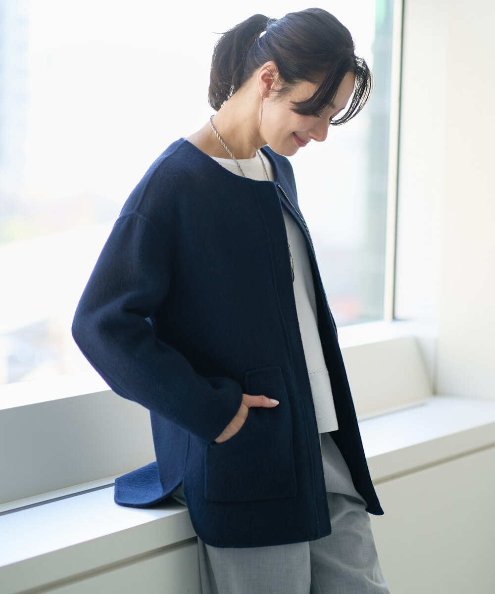 PZJAB51560 GEORGES RECH(ジョルジュ・レッシュ) レスクウールリバーノーカラーミドルジャケット ライトグレー