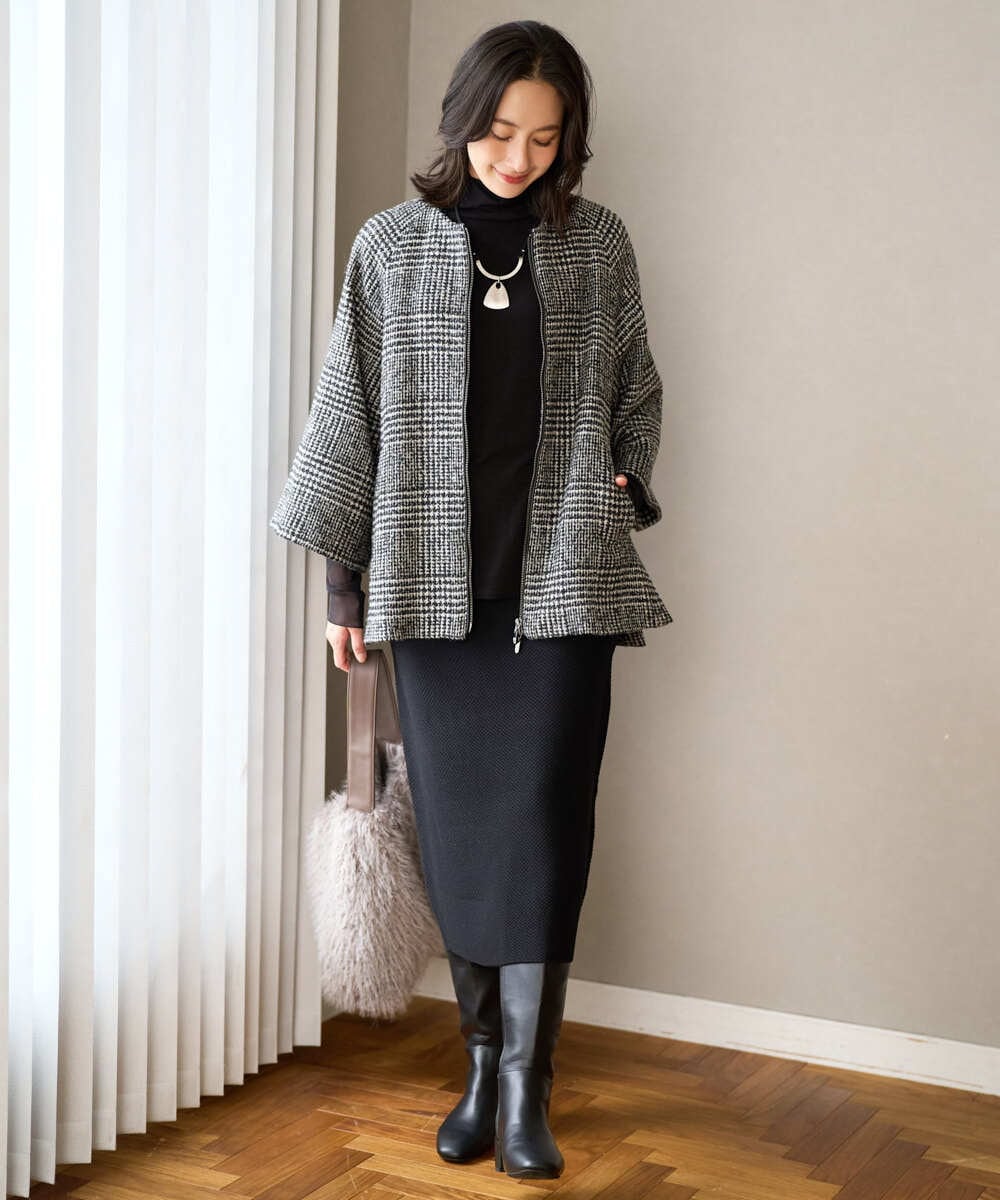 PZJAD31630 GEORGES RECH(ジョルジュ・レッシュ) シルクウールグレンチェックポンチョジャケット ブラック