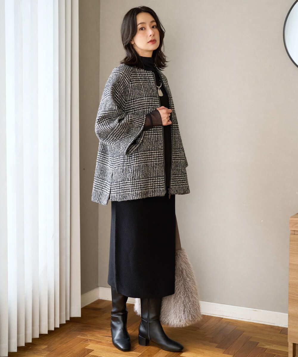 PZJAD31630 GEORGES RECH(ジョルジュ・レッシュ) シルクウールグレンチェックポンチョジャケット ブラック