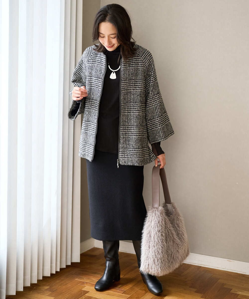 PZJAD31630 GEORGES RECH(ジョルジュ・レッシュ) シルクウールグレンチェックポンチョジャケット ブラック