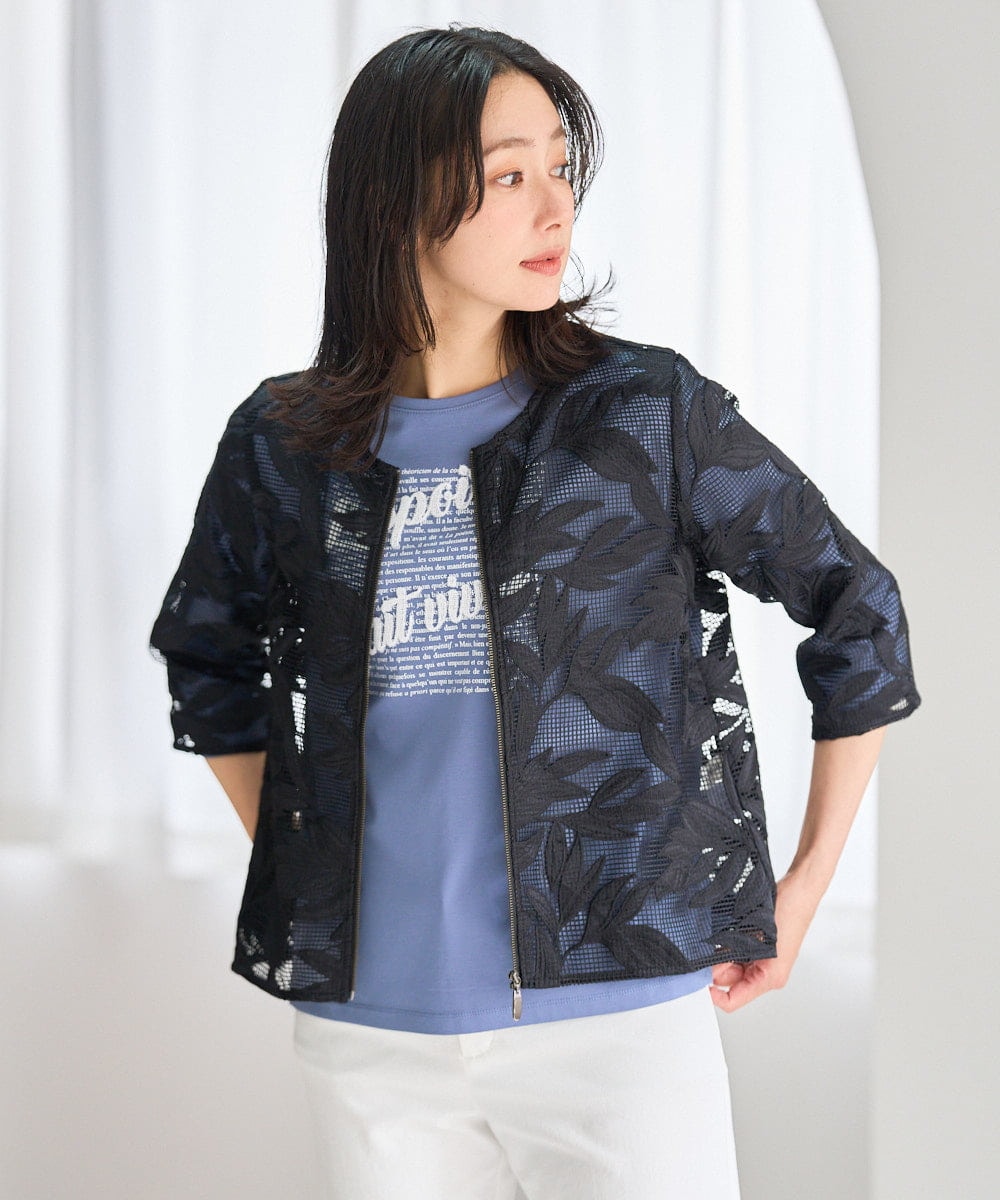 PZJGD37330 GEORGES RECH(ジョルジュ・レッシュ) メッシュアップリケノーカラージャケット ブラック