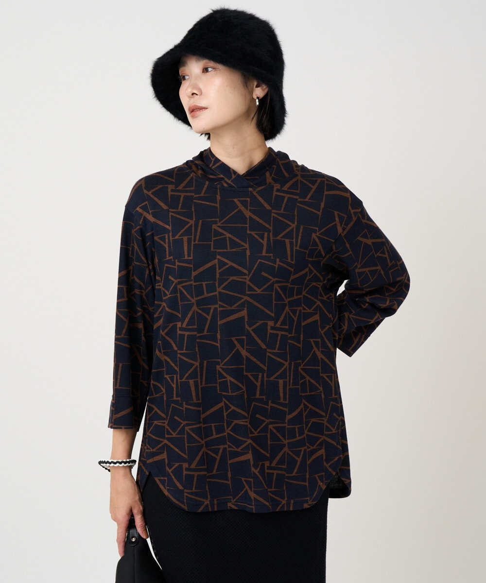 PZKAD22290 GEORGES RECH(ジョルジュ・レッシュ)  [日本製]ダブルフェイスミニフード9分袖ロゴカットソー ネイビー系