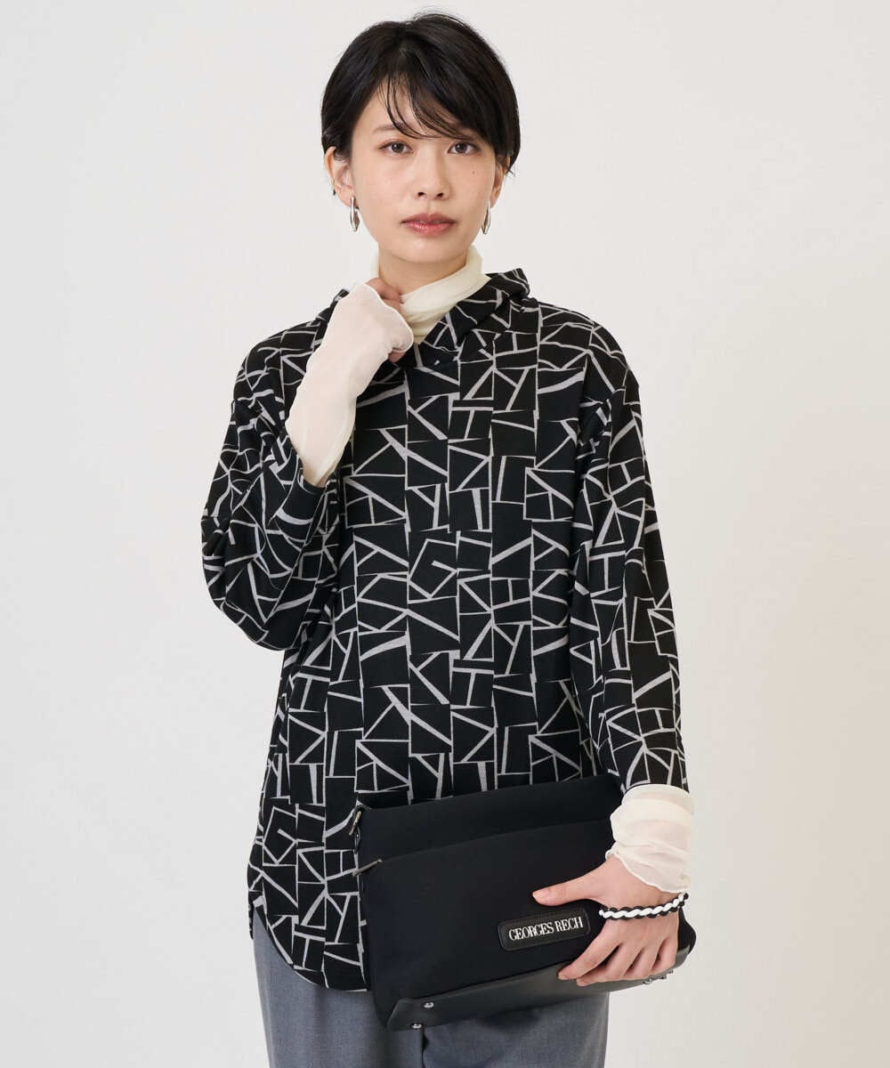 PZKAD22290 GEORGES RECH(ジョルジュ・レッシュ)  [日本製]ダブルフェイスミニフード9分袖ロゴカットソー ネイビー系