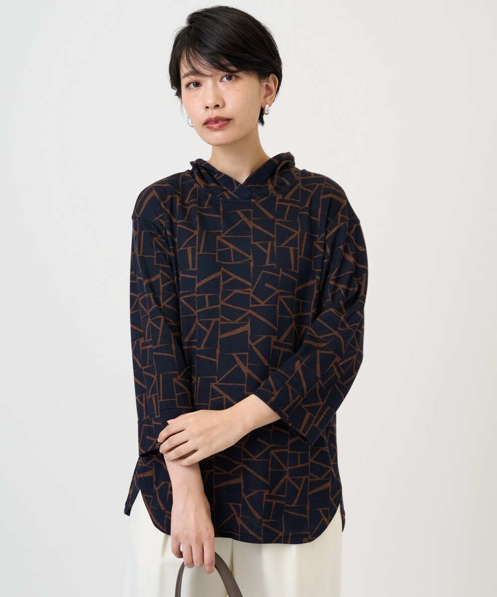 PZKAD22290 GEORGES RECH(ジョルジュ・レッシュ)  [日本製]ダブルフェイスミニフード9分袖ロゴカットソー ネイビー系