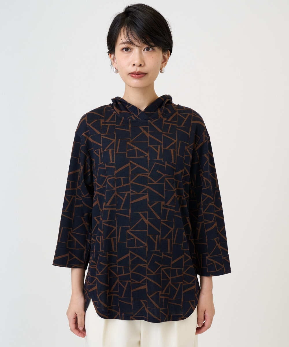 PZKAD22290 GEORGES RECH(ジョルジュ・レッシュ)  [日本製]ダブルフェイスミニフード9分袖ロゴカットソー ネイビー系