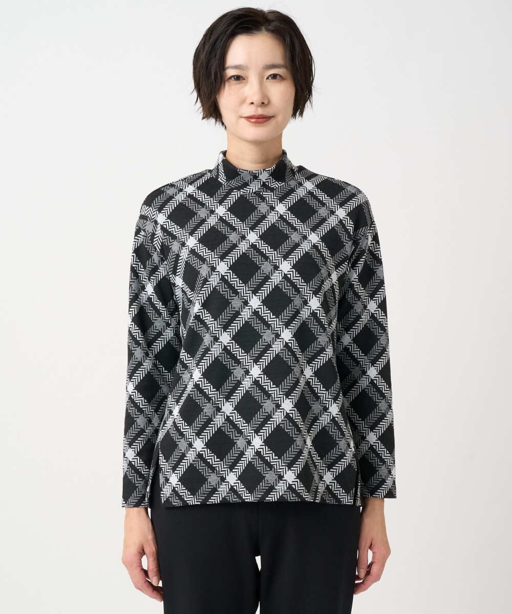 PZKCE72150 GEORGES RECH(ジョルジュ・レッシュ) へリンボンラインジャガードハイネックカットソー ブラック