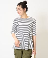 PZKGA04230 GEORGES RECH(ジョルジュ・レッシュ)  [日本製]ボーダーペプラム5分袖カットソー ライトブルー