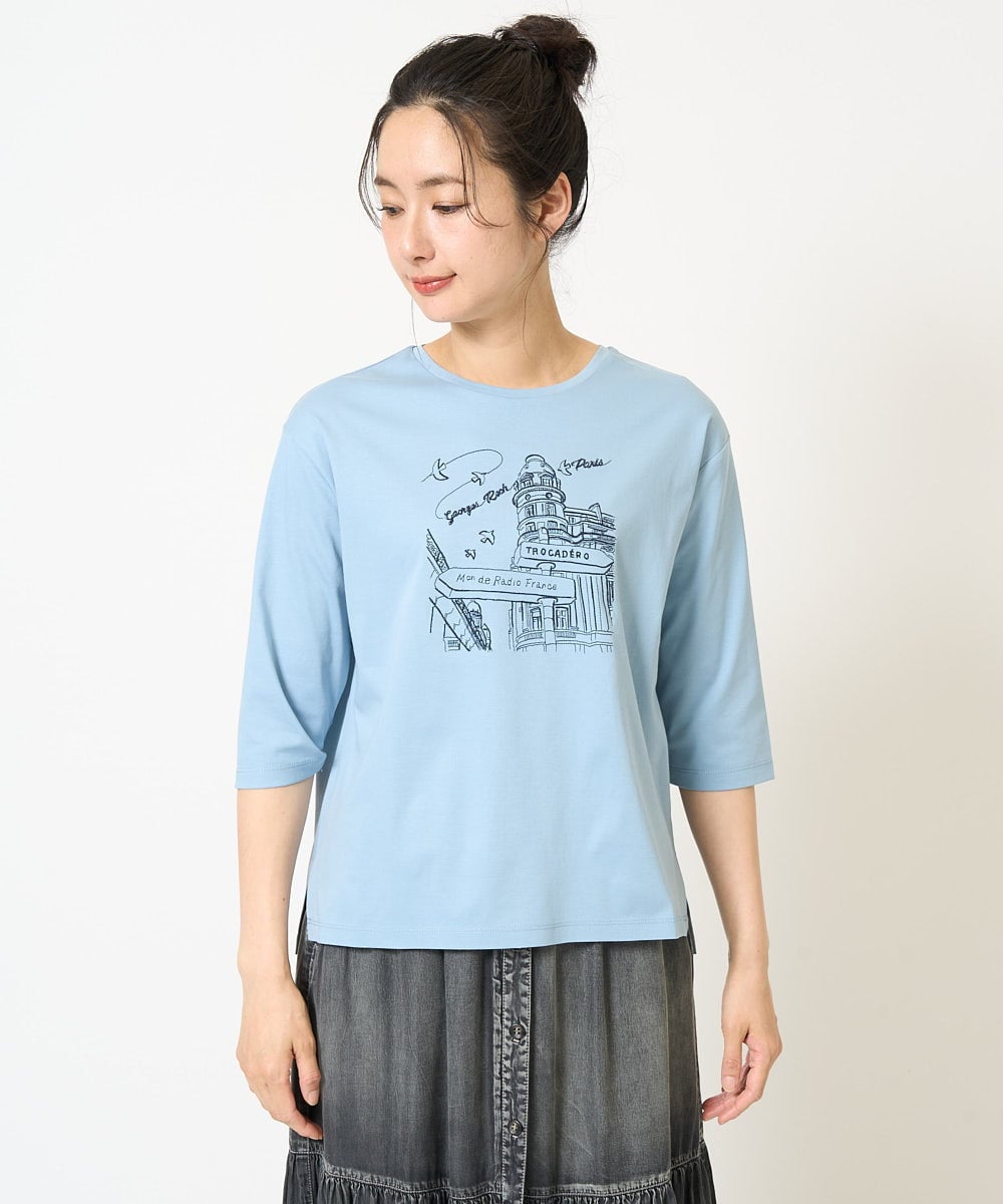 PZKGA08170 GEORGES RECH(ジョルジュ・レッシュ) ドライコットンイラスト刺繍カットソー ライトブルー