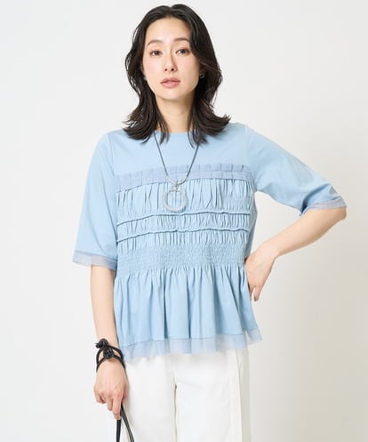 PZKGA36230 GEORGES RECH [接触冷感]チュールビスチェ風5分袖カットソー