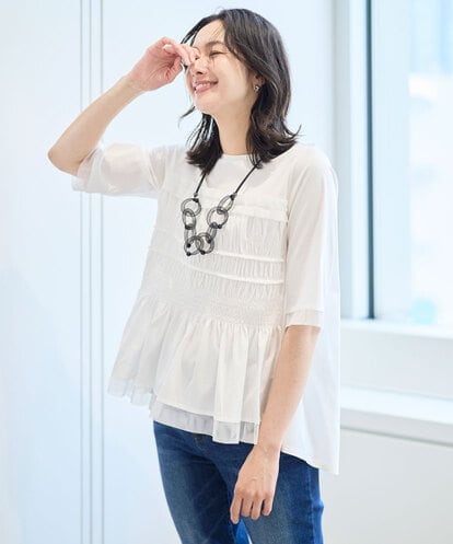 PZKGA36230 GEORGES RECH [接触冷感]チュールビスチェ風5分袖カットソー