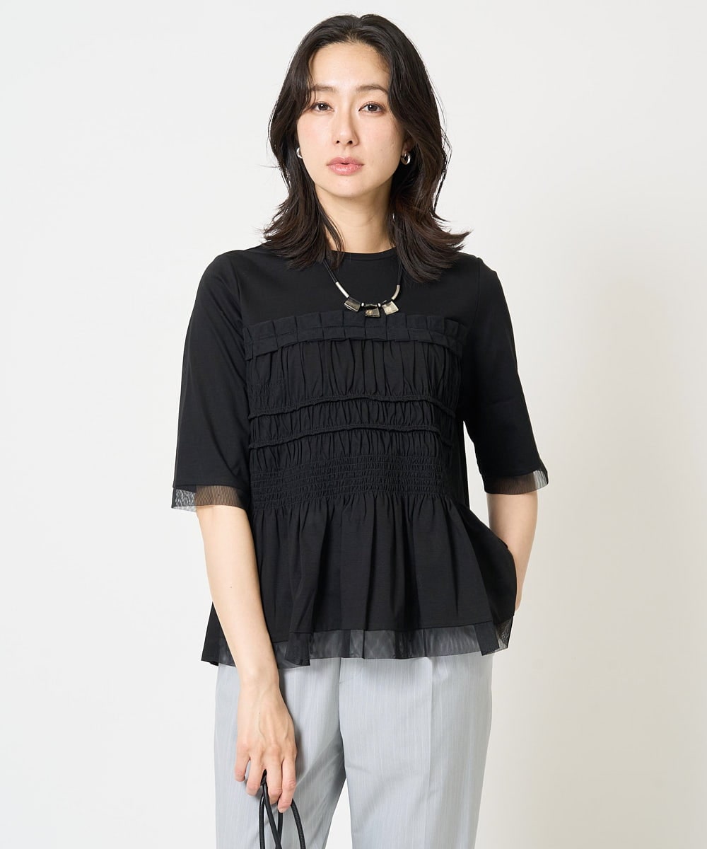 PZKGA36230 GEORGES RECH [接触冷感]チュールビスチェ風5分袖カットソー