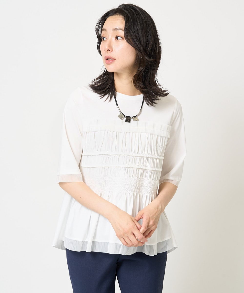PZKGA36230 GEORGES RECH(ジョルジュ・レッシュ) [接触冷感]チュールビスチェ風5分袖カットソー ブラック