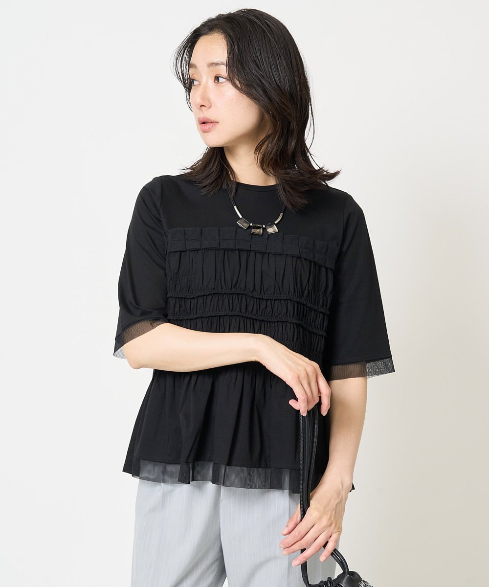 PZKGA36230 GEORGES RECH(ジョルジュ・レッシュ) [接触冷感]チュールビスチェ風5分袖カットソー ブラック