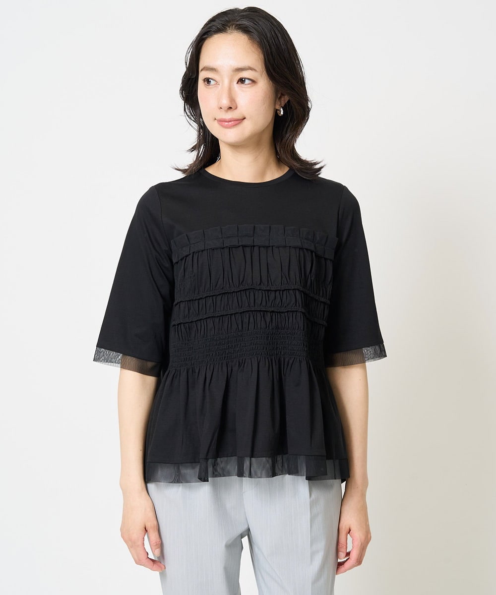 PZKGA36230 GEORGES RECH(ジョルジュ・レッシュ) [接触冷感]チュールビスチェ風5分袖カットソー ブラック