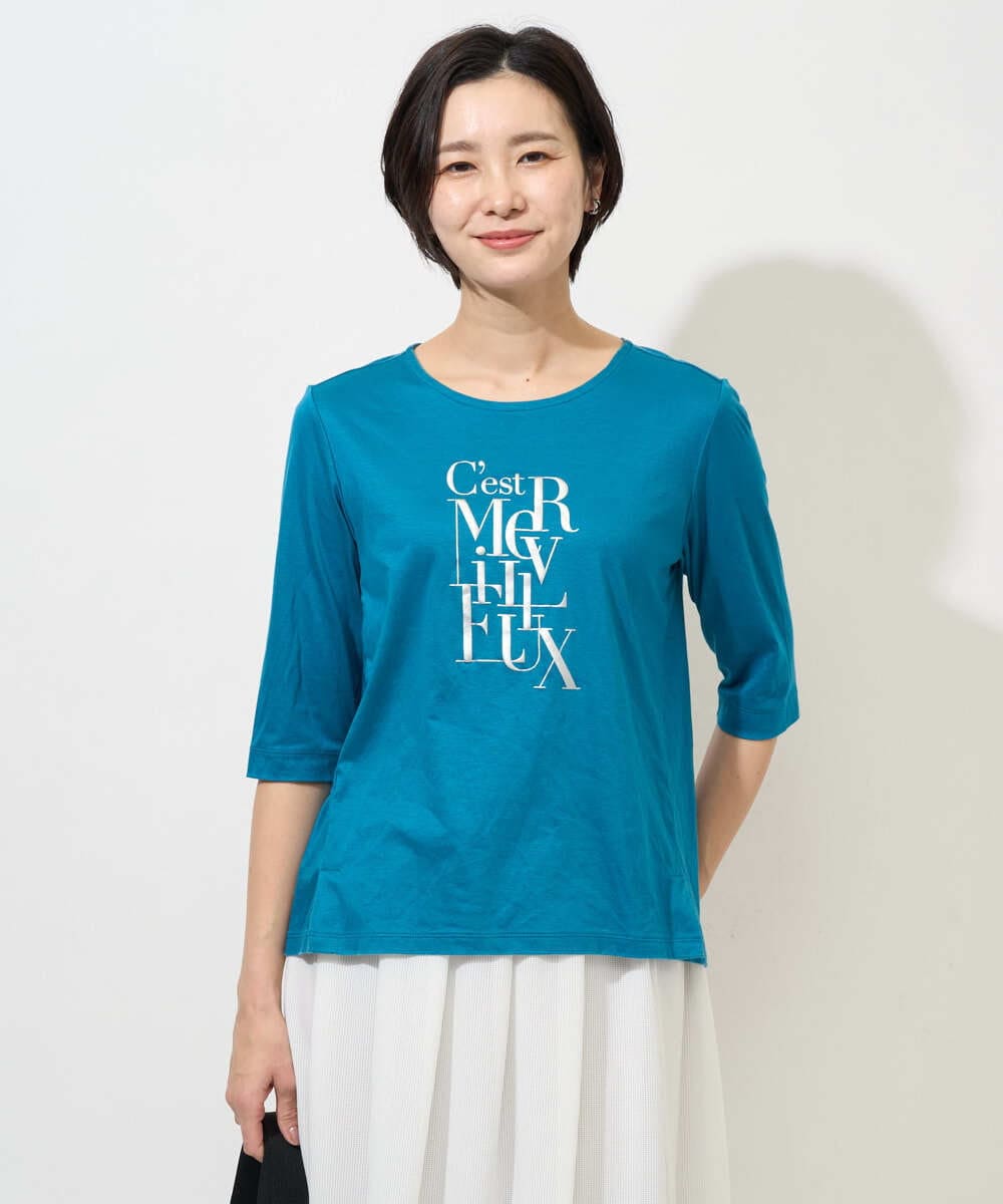 PZKGD16180 GEORGES RECH(ジョルジュ・レッシュ) メタリックロゴプリント5分袖カットソー ブルー