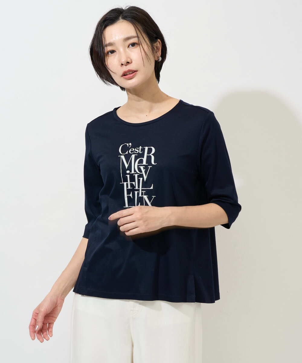 PZKGD16180 GEORGES RECH(ジョルジュ・レッシュ) メタリックロゴプリント5分袖カットソー ネイビー