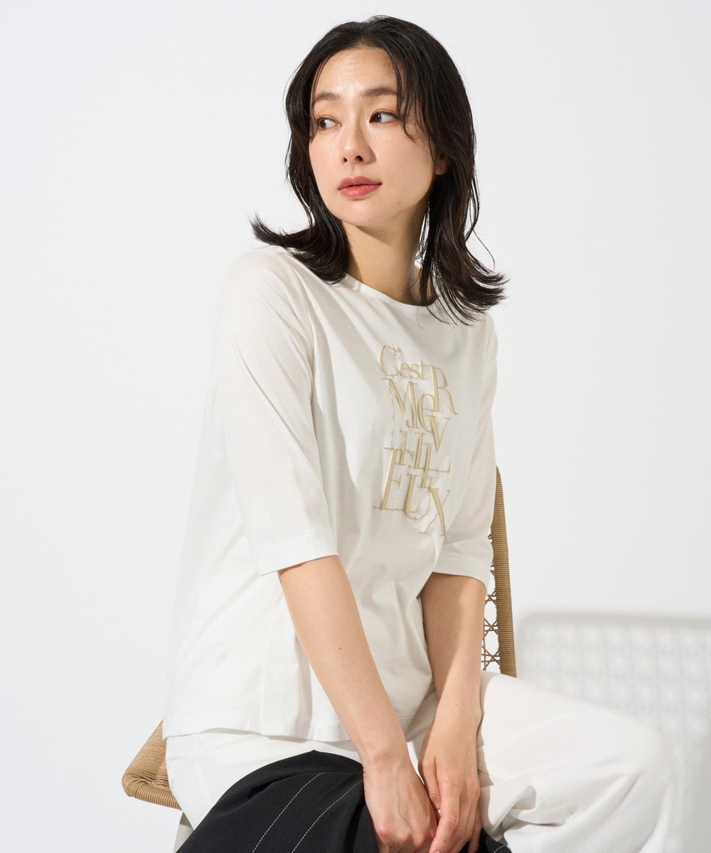 PZKGD16180 GEORGES RECH(ジョルジュ・レッシュ) メタリックロゴプリント5分袖カットソー ネイビー