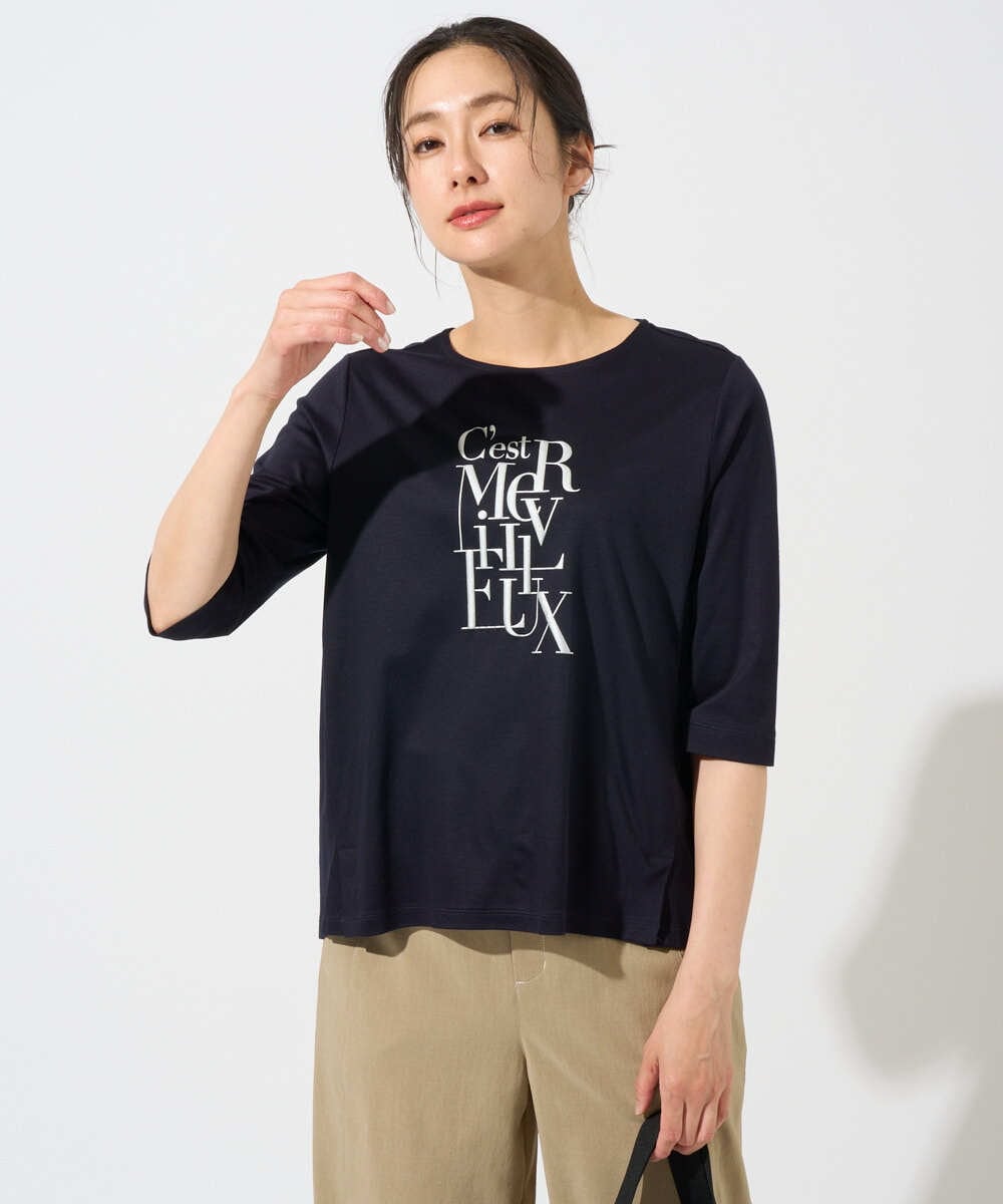 PZKGD16180 GEORGES RECH(ジョルジュ・レッシュ) メタリックロゴプリント5分袖カットソー ネイビー