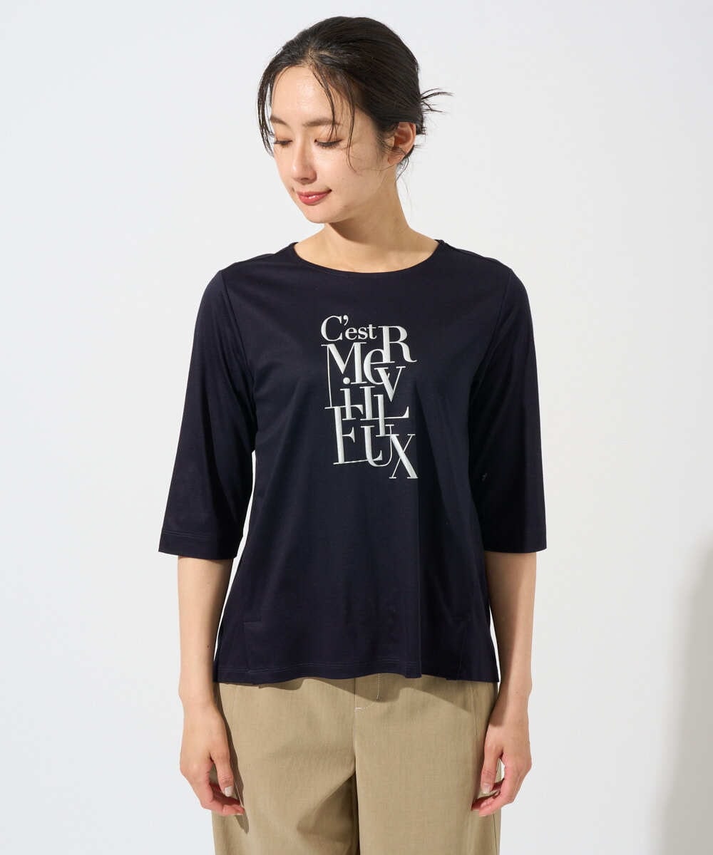 PZKGD16180 GEORGES RECH(ジョルジュ・レッシュ) メタリックロゴプリント5分袖カットソー ネイビー